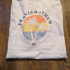 TravisMathew White Short Sleeve Tee with Orange Yellow Blue Palm Print